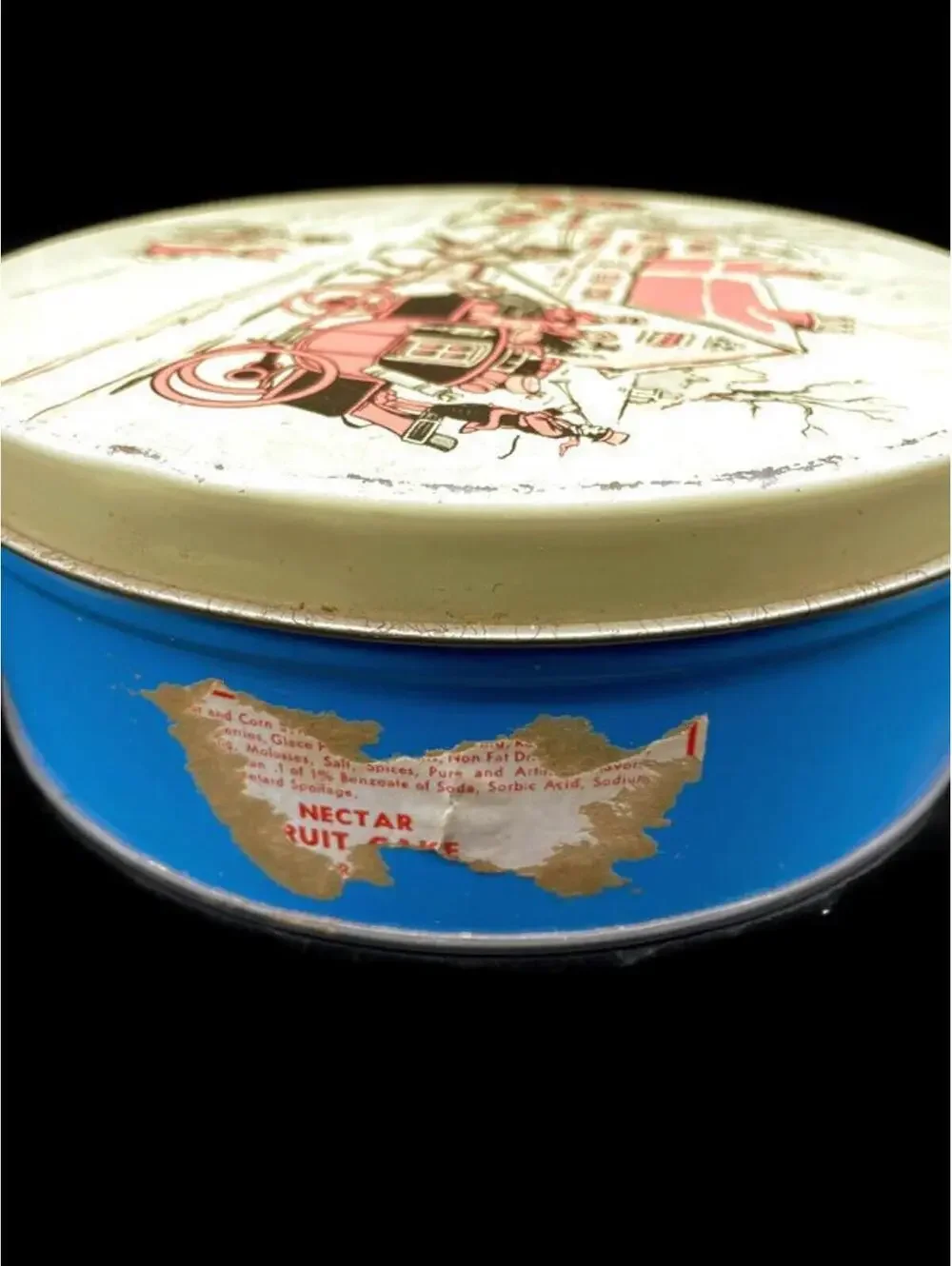 Vintage Fruitcake Tin: Victorian Horse & Carriage Scene